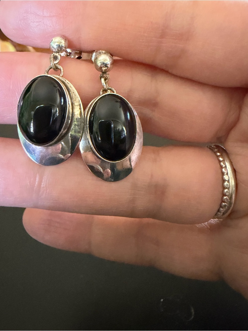 Sterling Silver Black Onyx Drop Earrings - Elegant Black Oval Dangles - Picture 4 of 4